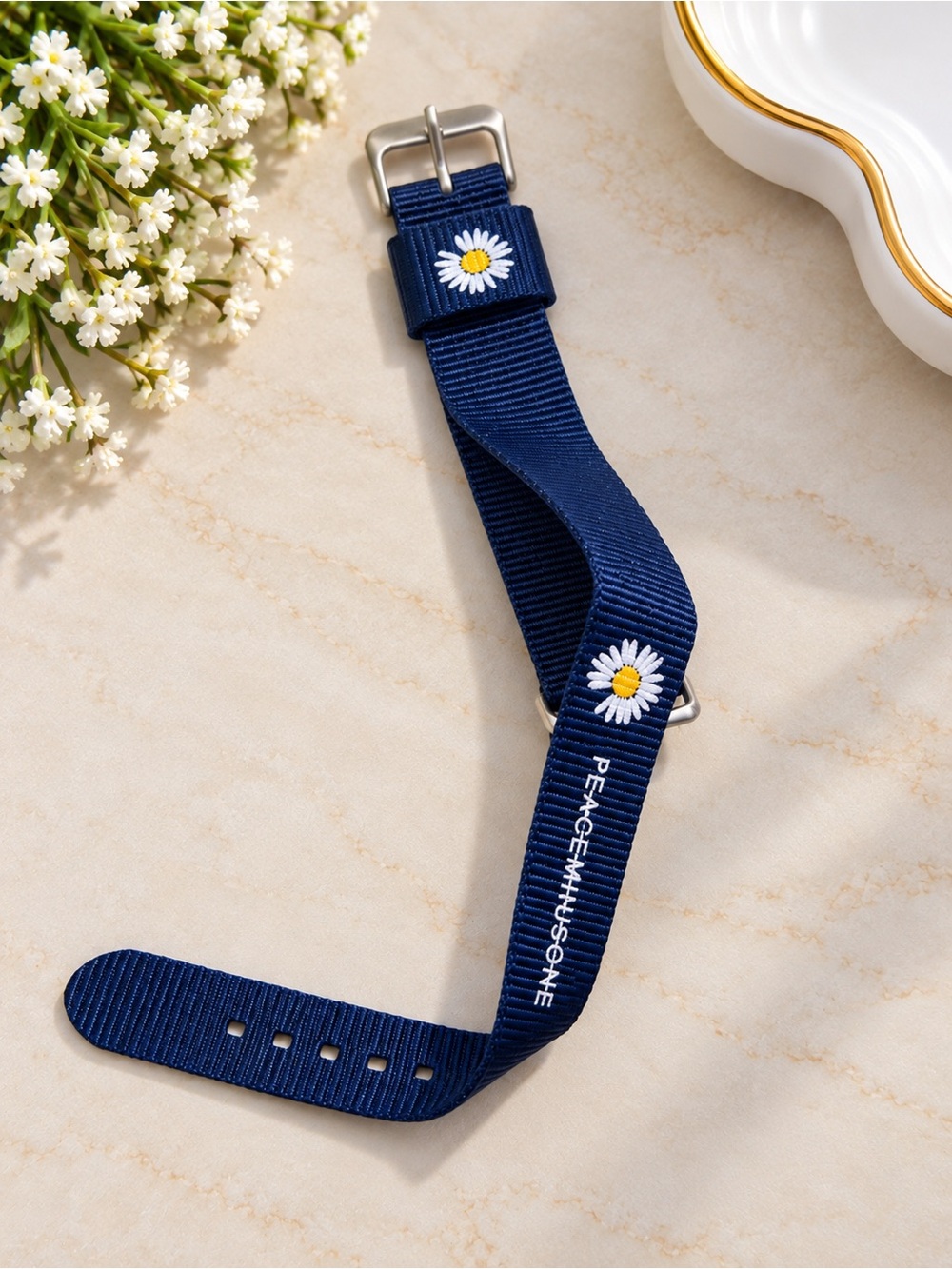 Kids Navy Daisy Embroidered Nylon Watch Strap